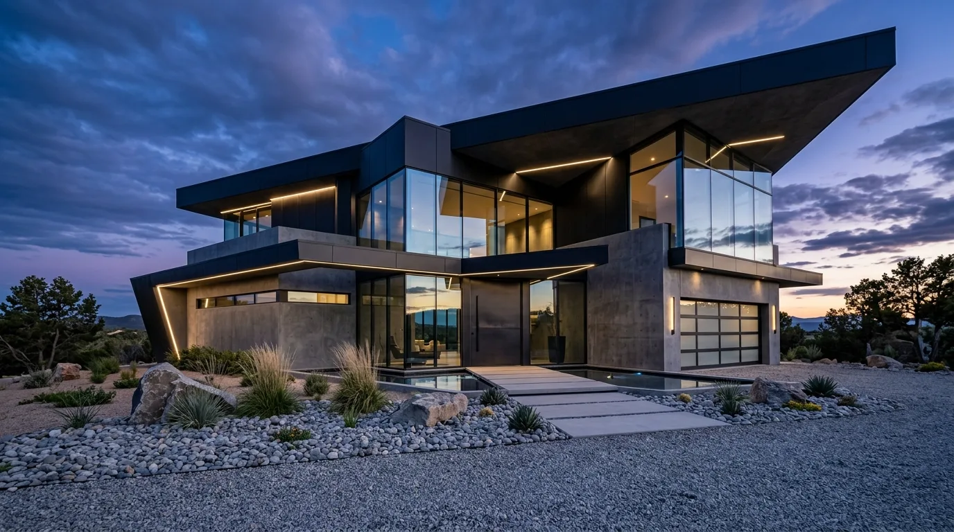 A modern front yard with a subtle water feature and clean landscaping, no people