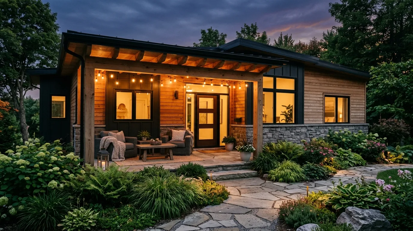 A modern home entry with updated house numbers and hardware in daylight, no people