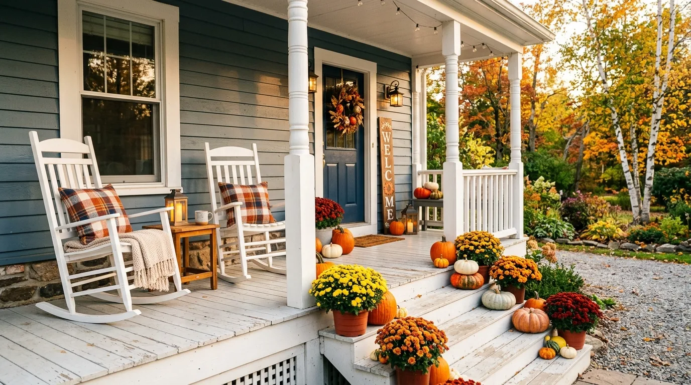 A charming front porch with matching planters framing the entry, no people