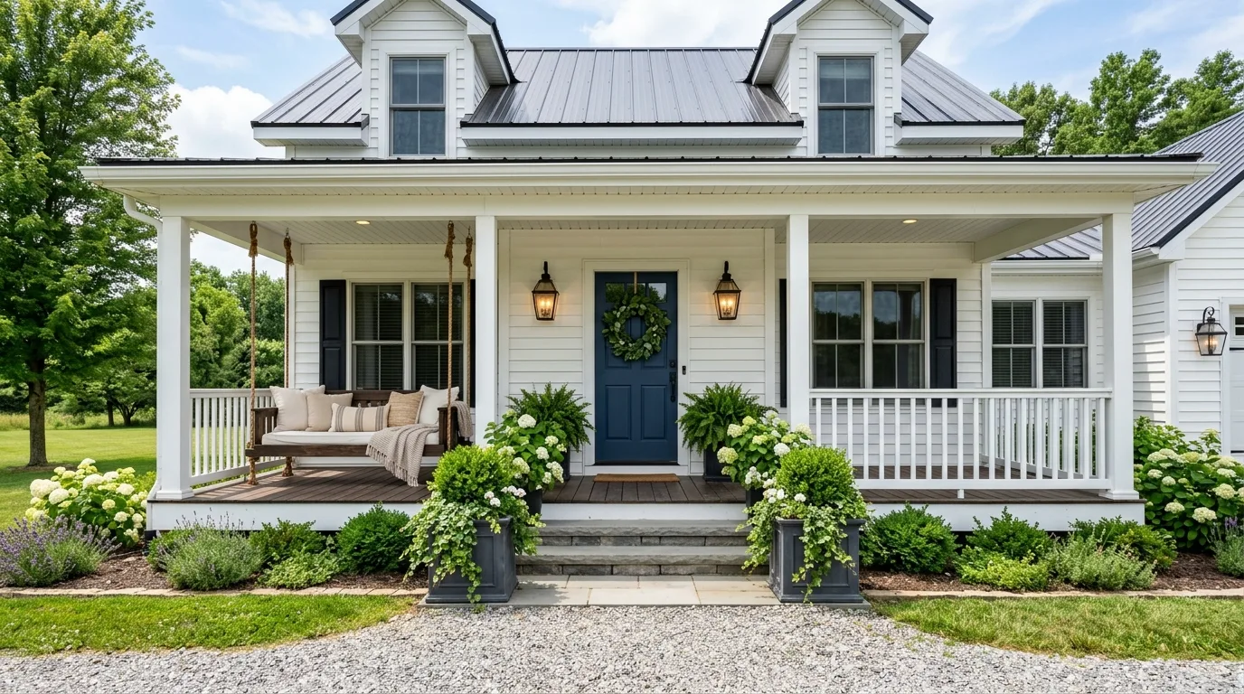 A front porch with a freshly painted colorful door and inviting styling, no people
