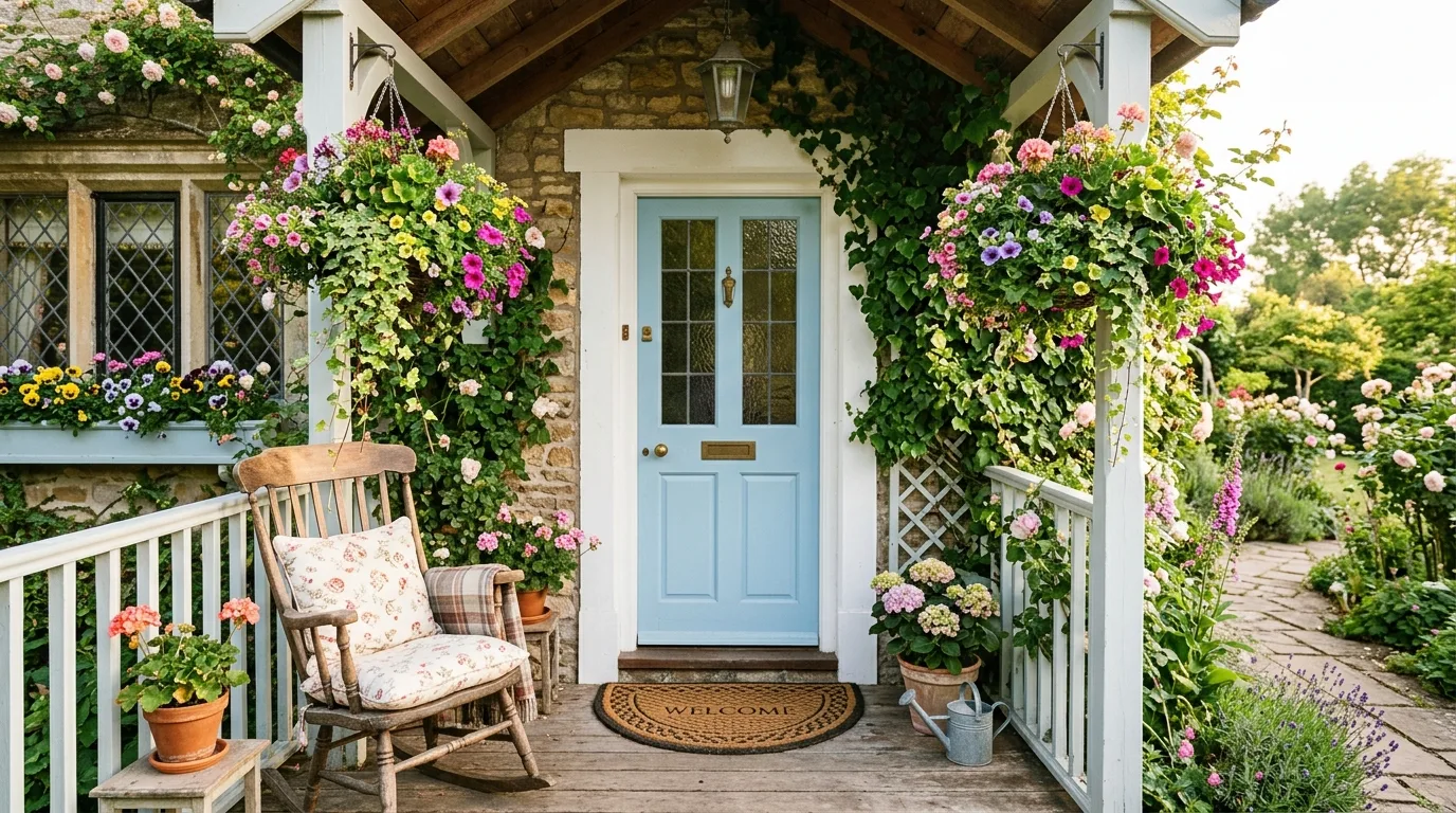 A charming front porch with layered textiles on seating and the floor, no people