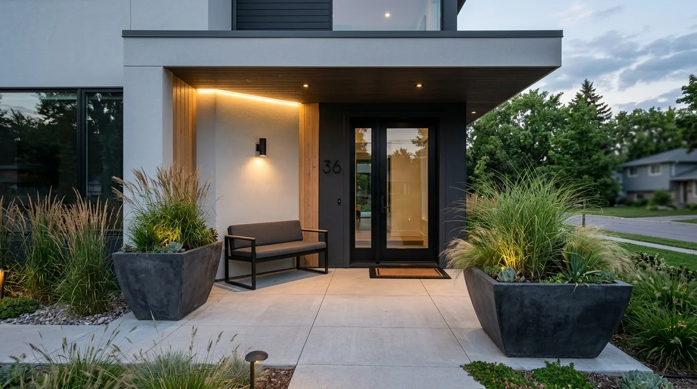A front porch warmed by lantern lighting in the evening, no people