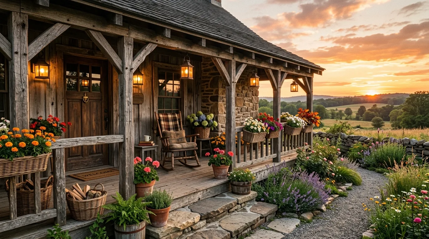 A charming front door with a simple wreath on a welcoming porch, no people