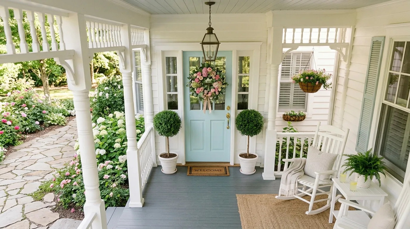 A front porch with steps softened by layered potted greenery, no people