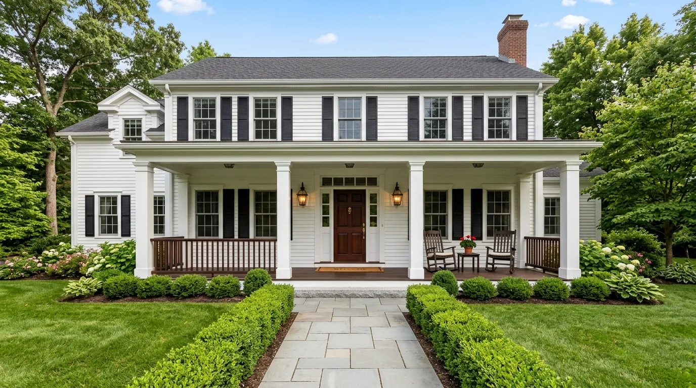 A front porch with warm natural wood accents and inviting style, no people
