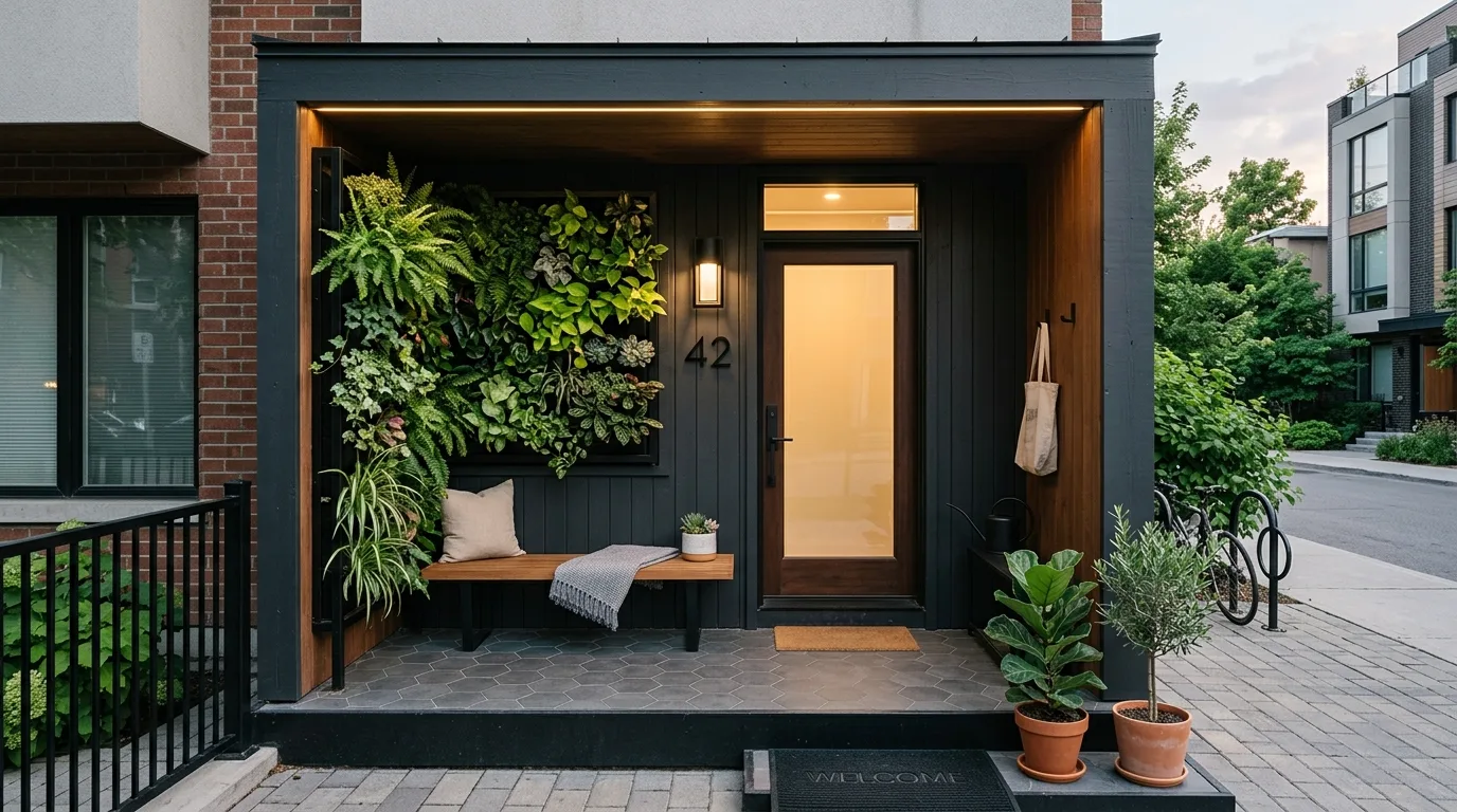 A front porch with seasonal flowers creating lively curb appeal, no people