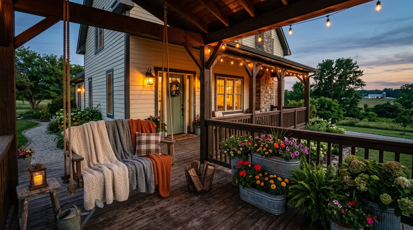 A welcoming front porch with layered doormats at the threshold, no people