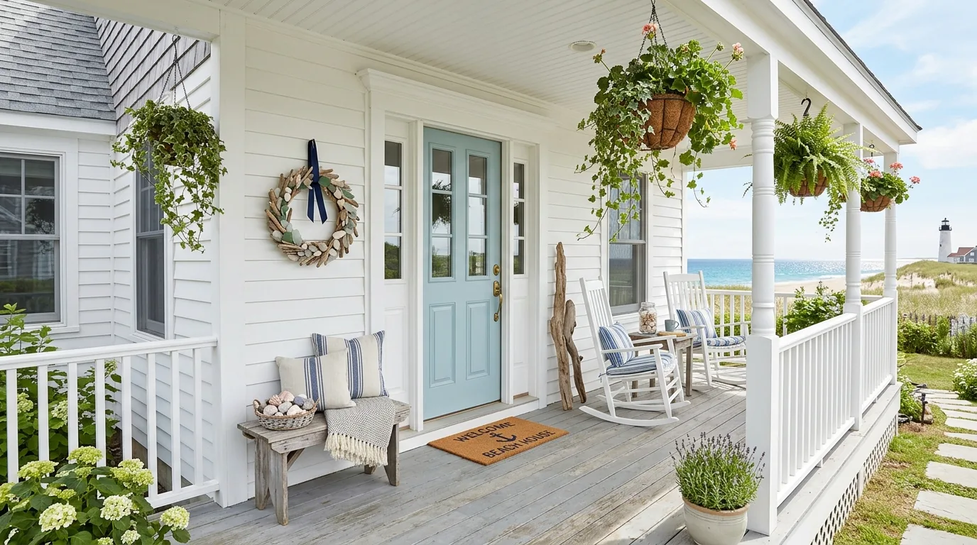 A charming front porch with columns softened by climbing greenery, no people