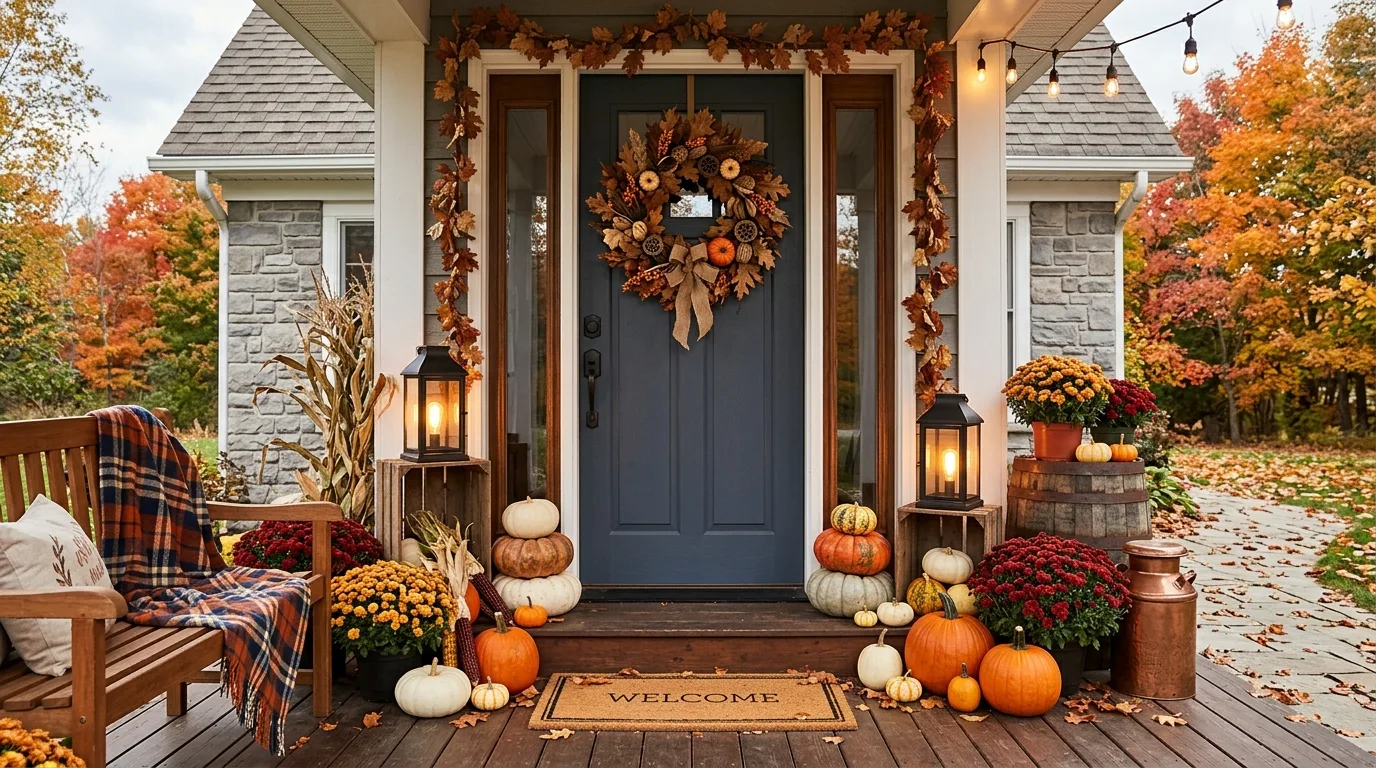 A clear uncluttered front porch with simple welcoming styling, no people