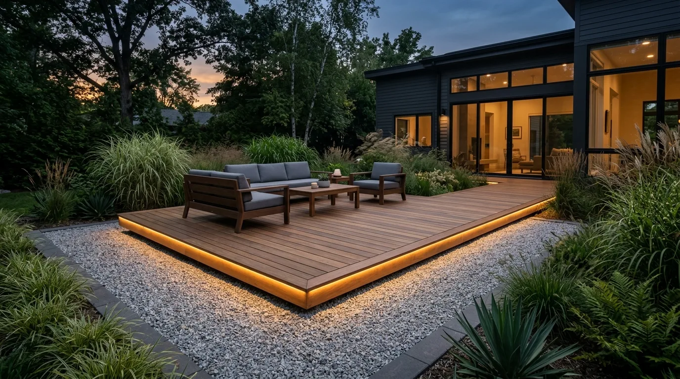 A sleek floating deck over gravel and grasses in a modern backyard, no people