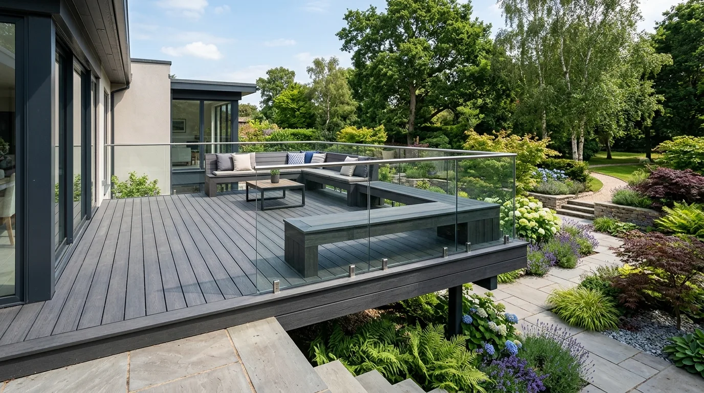 A floating deck with wide planks and built in seating in daylight, no people