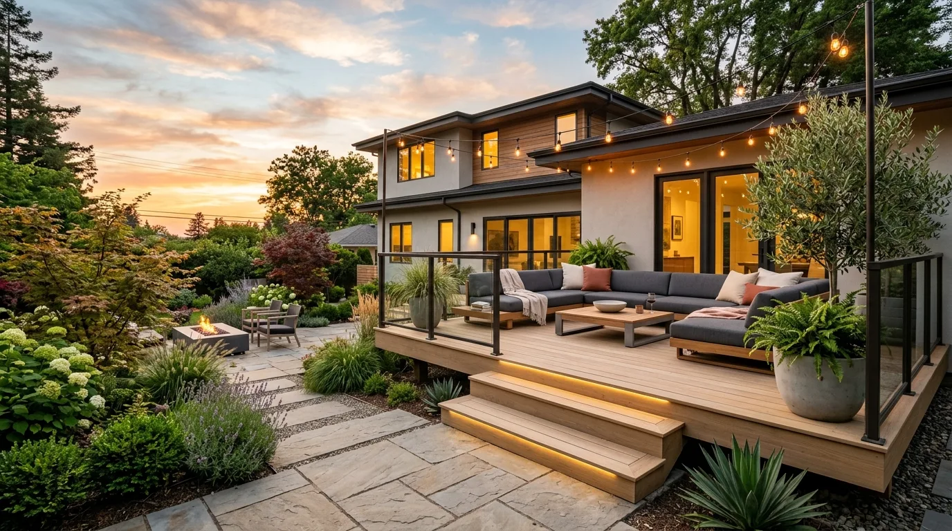 A modern floating deck centered around a fire pit in a backyard, no people