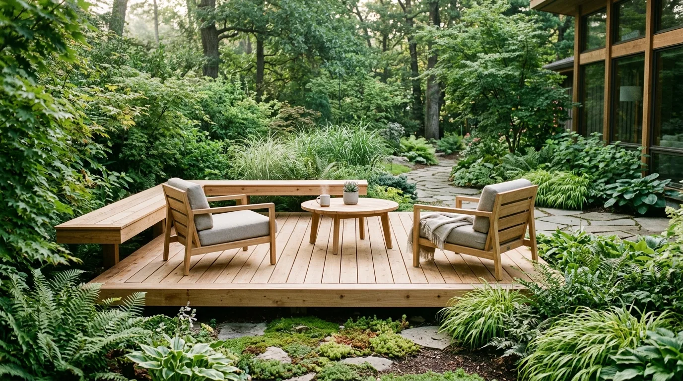 A small floating deck tucked into a corner garden retreat with greenery, no people