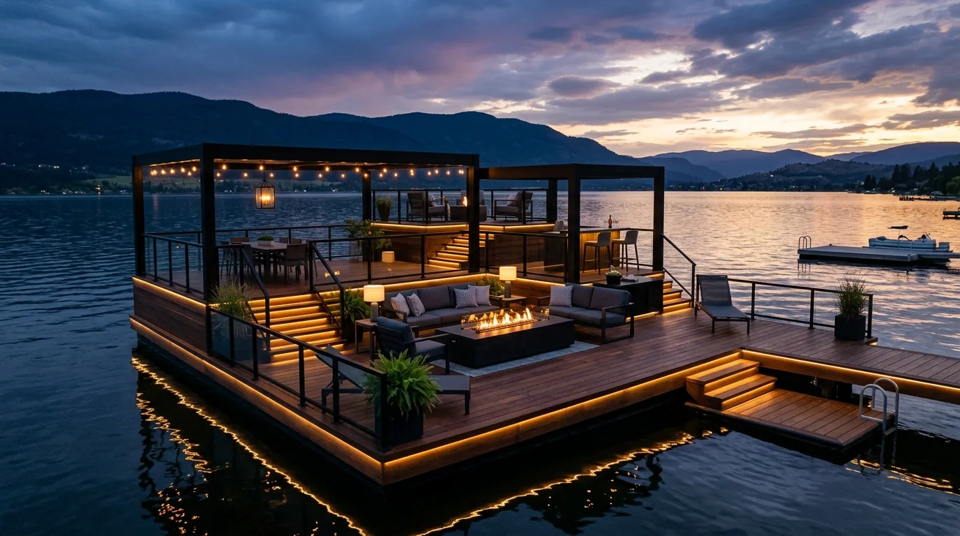 A dark stained floating deck contrasting with pale paving in a modern yard, no people