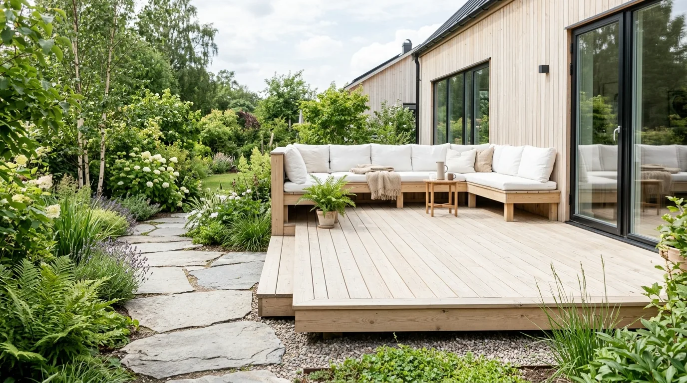 A floating dining deck extending from a house in a modern backyard, no people