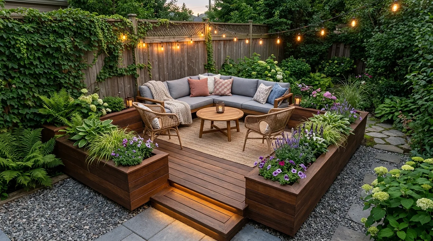 A modern floating deck with layered levels in a backyard design, no people