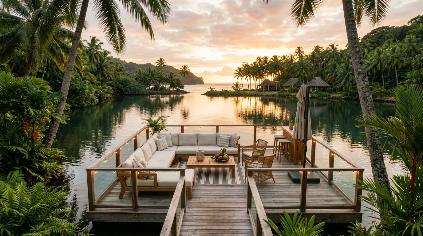 A sleek floating deck beside a pool with simple loungers in sunlight, no people