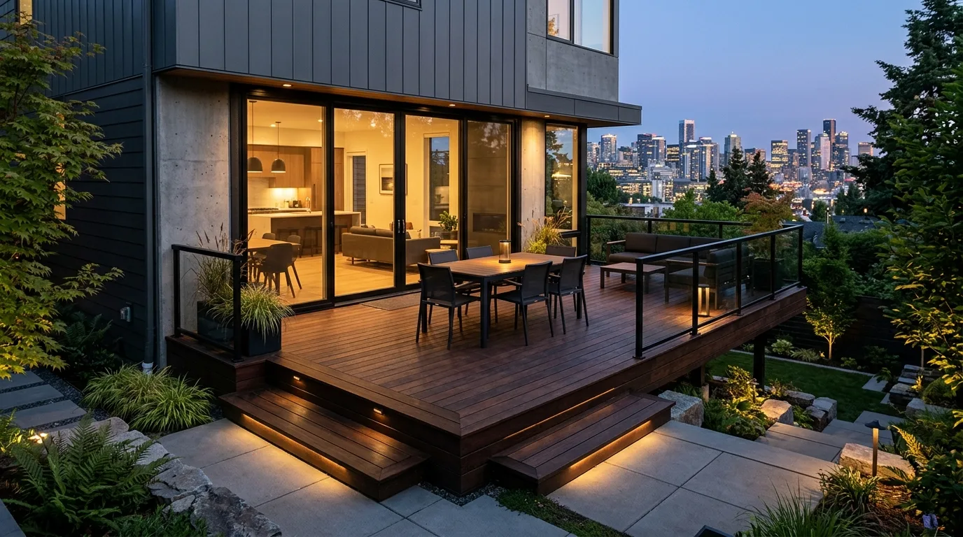 A narrow floating deck in a side yard with modern styling, no people