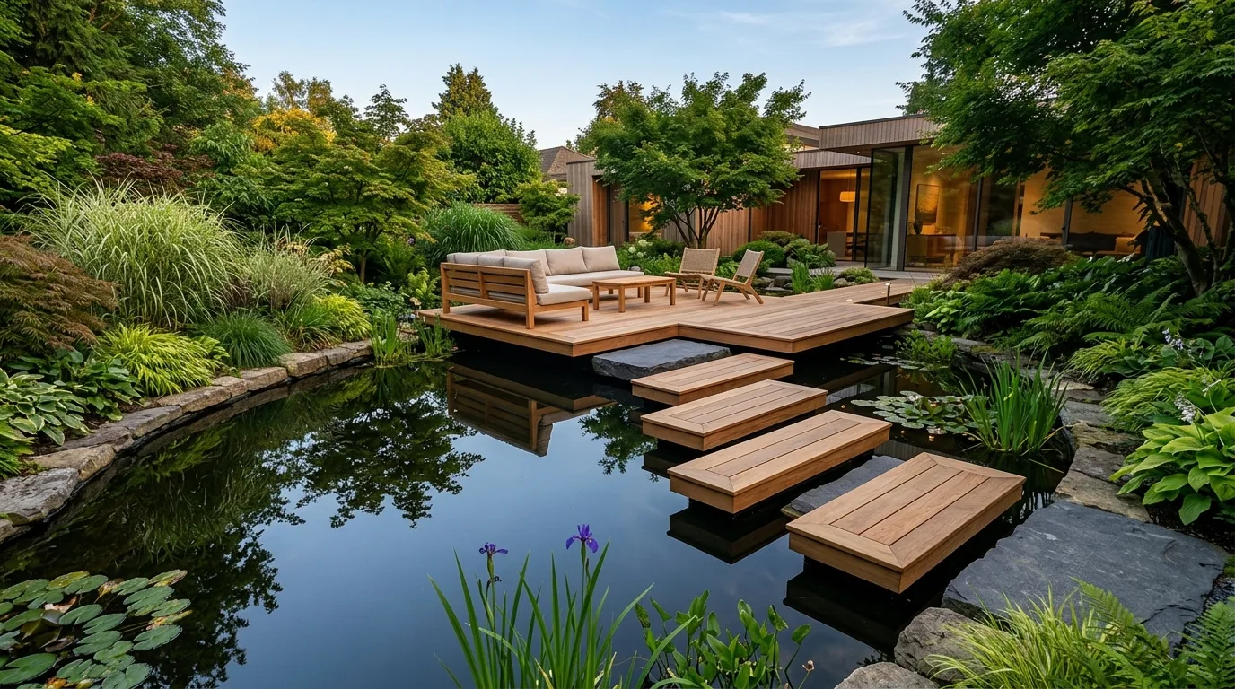 A floating deck with built in planters integrated into the edges, no people