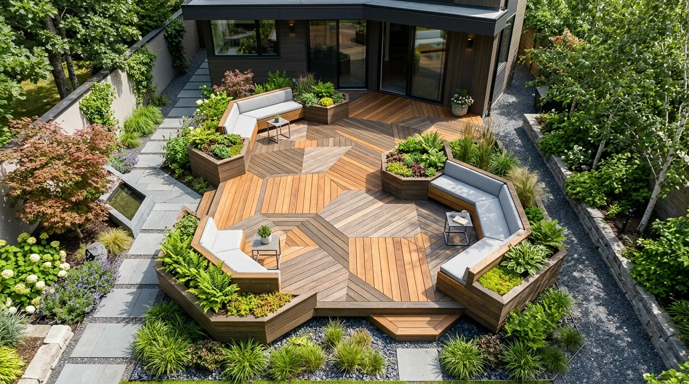 A floating deck beneath a simple pergola in a modern backyard, no people