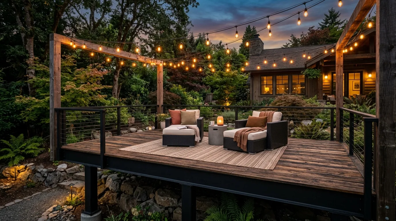 A Japandi inspired floating deck with warm wood and minimal styling, no people
