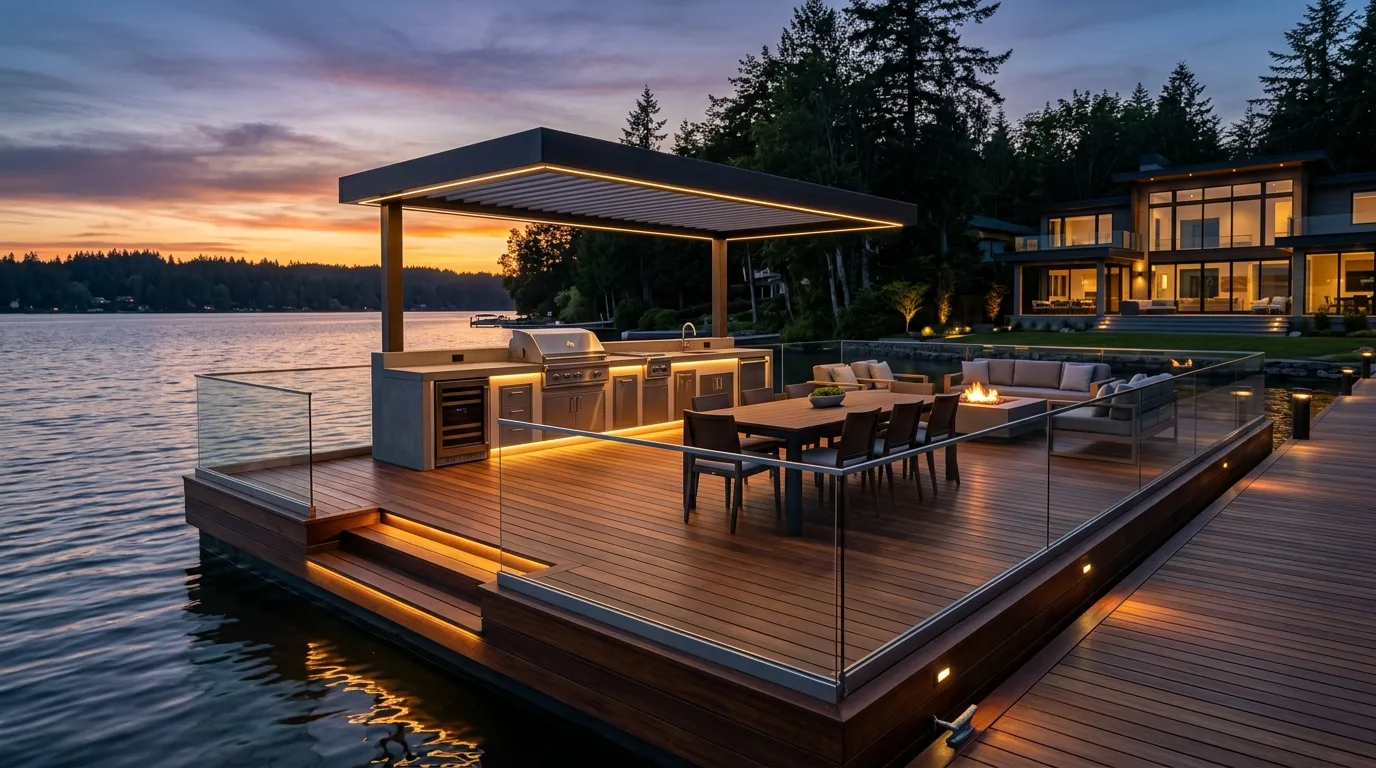 A courtyard floating deck framed by black edging and stone in daylight, no people