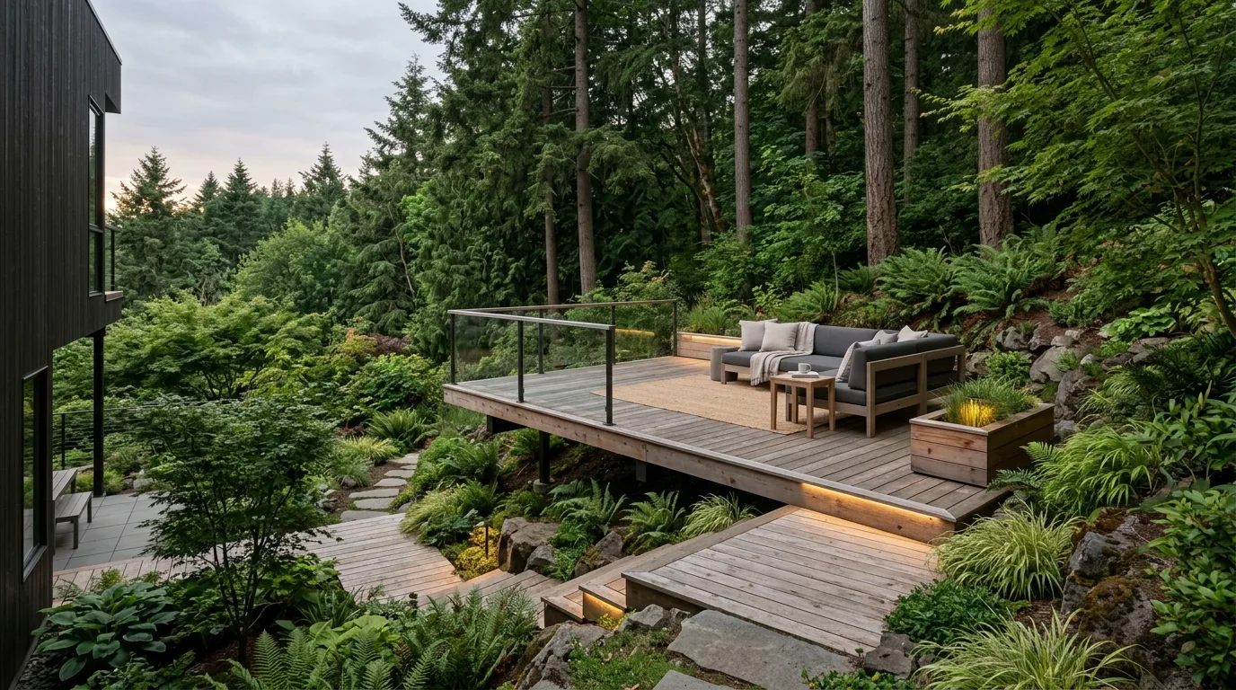 A floating lounge deck facing sunset in a modern backyard, no people