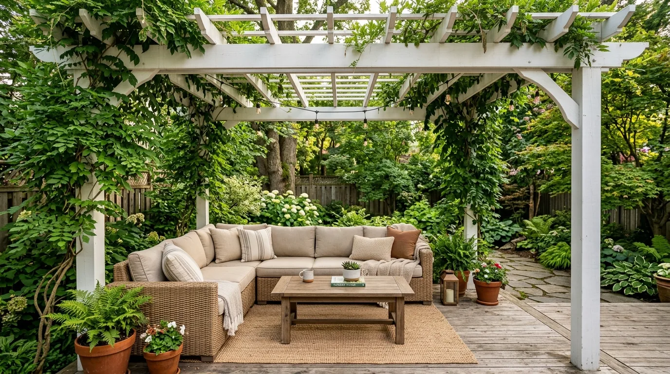 A shaded deck with a slatted wood pergola casting striped shade, no people