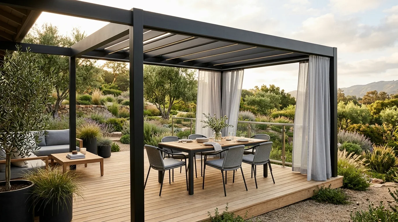 A deck pergola covered with climbing vines creating a leafy canopy, no people