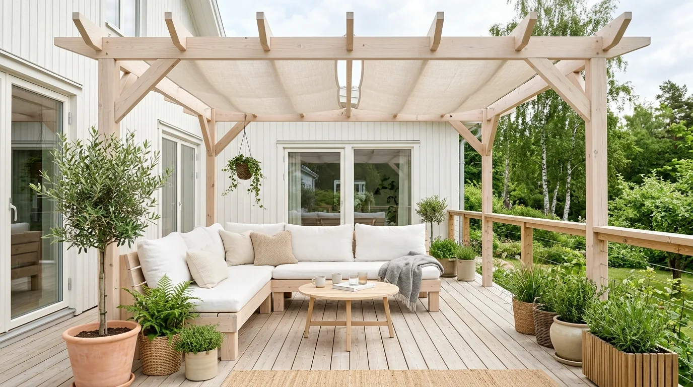 A compact deck with a corner pergola lounge setup in a backyard, no people