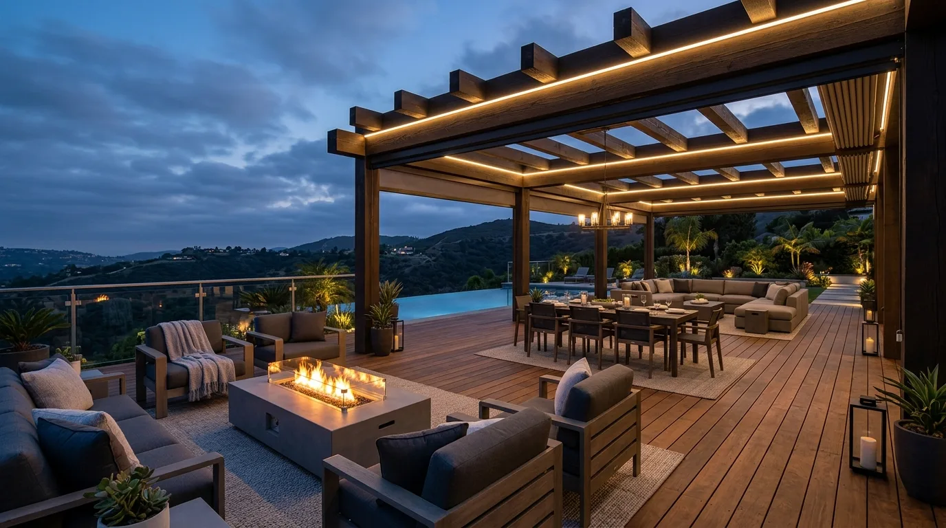 A timber deck with a black metal pergola in a modern backyard, no people
