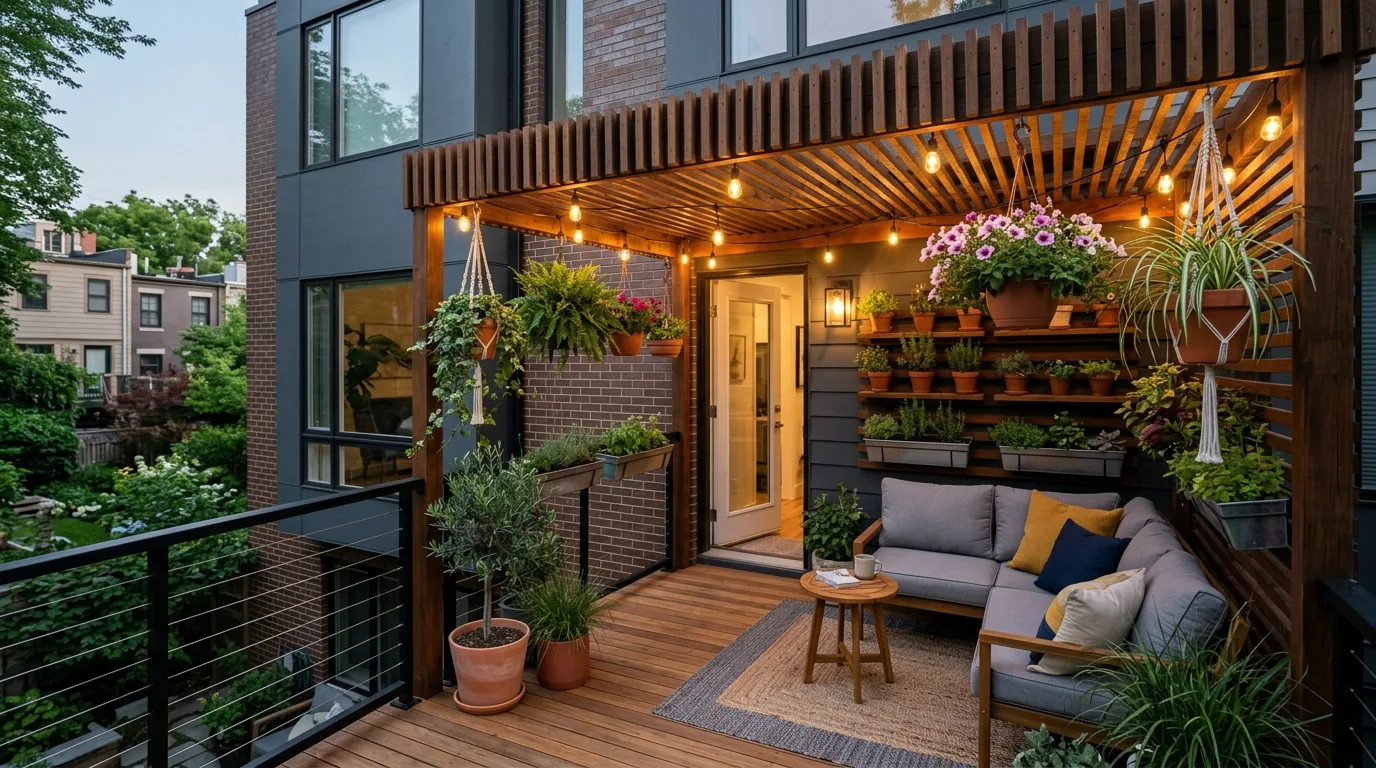 A pergola deck softened with light fabric panels in natural daylight, no people