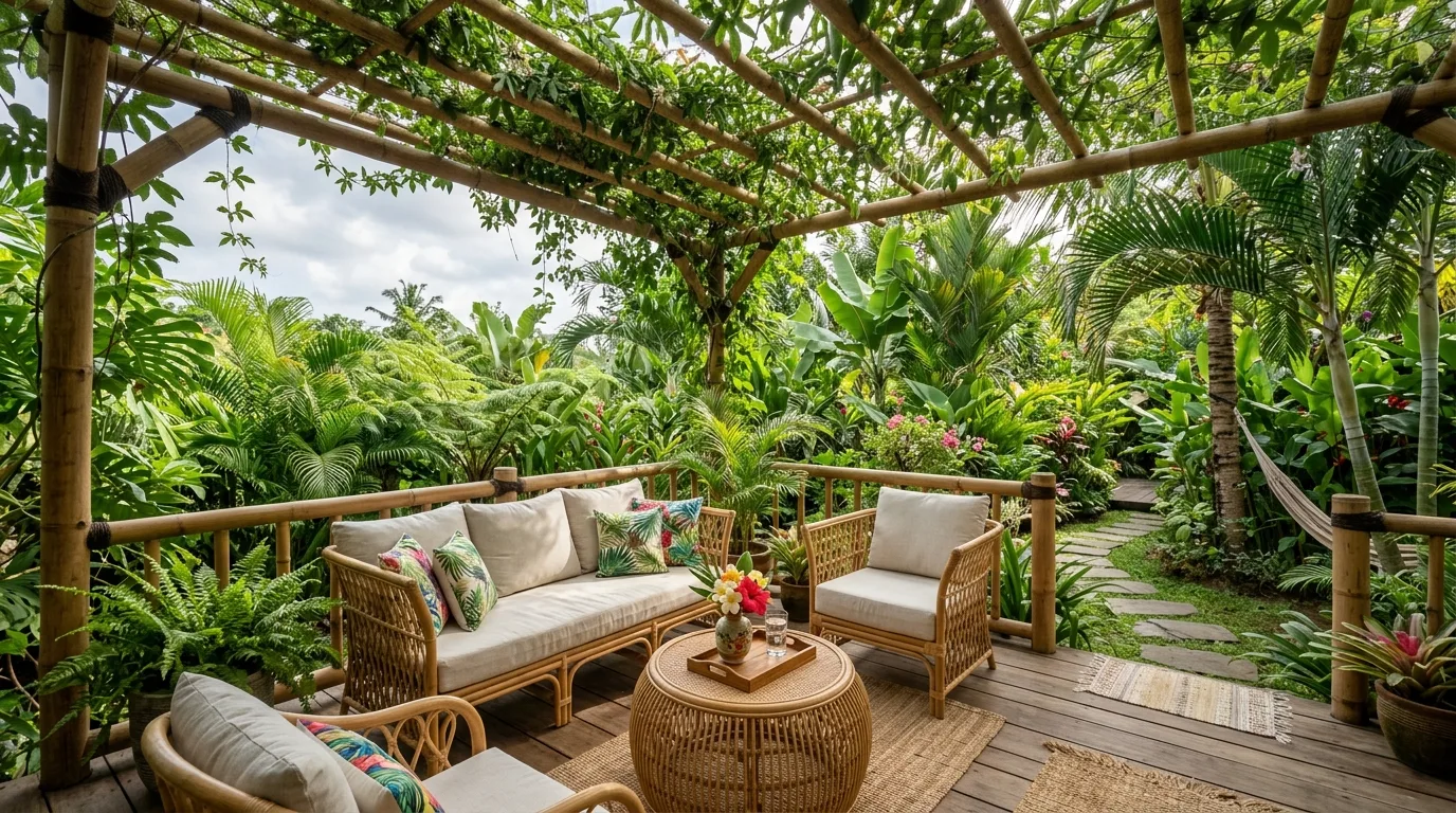 A shaded deck with a fire table beneath an open pergola roof, no people