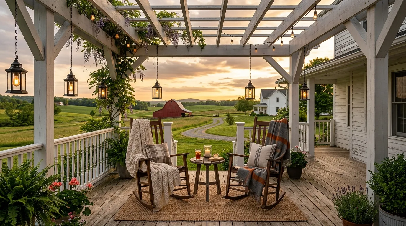 A pergola deck with built in bench seating in a compact outdoor space, no people