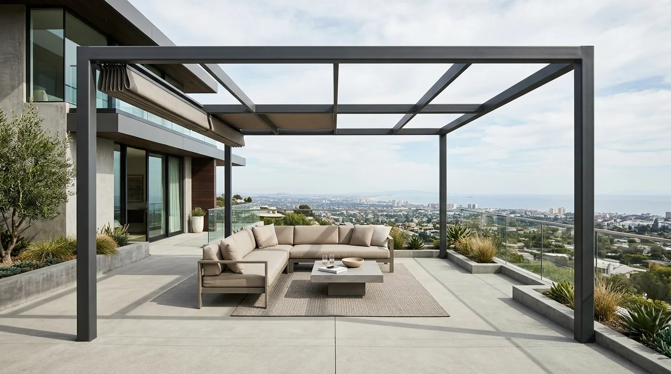 A deck pergola framing a view into a landscaped backyard, no people