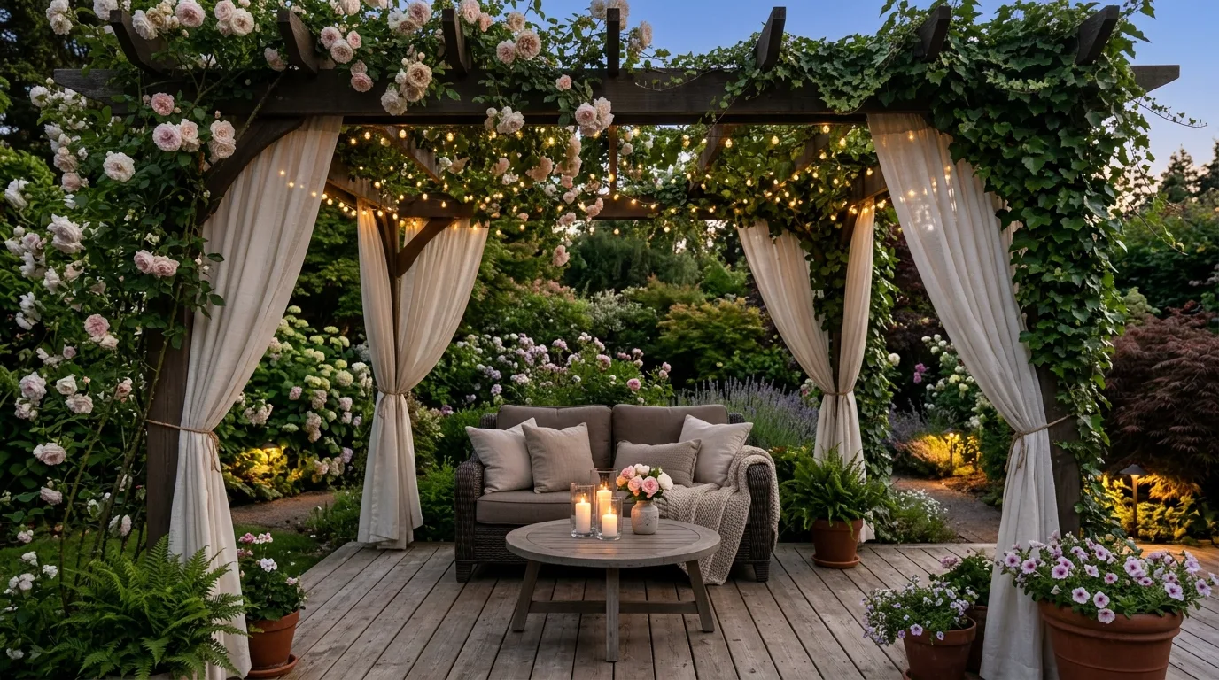 A pergola deck with string lights glowing in the evening, no people