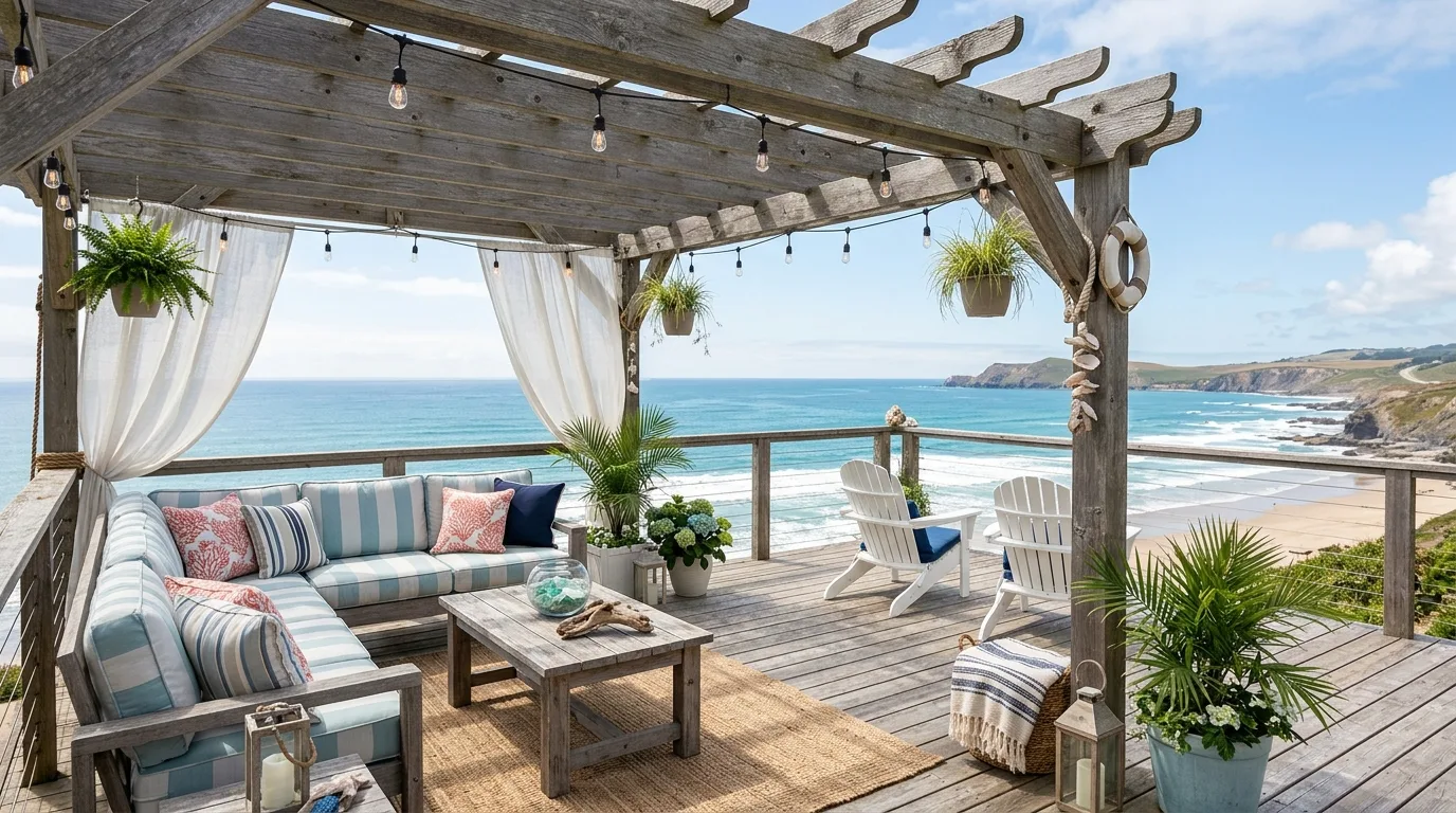 A minimalist pergola shading a spa like deck retreat, no people
