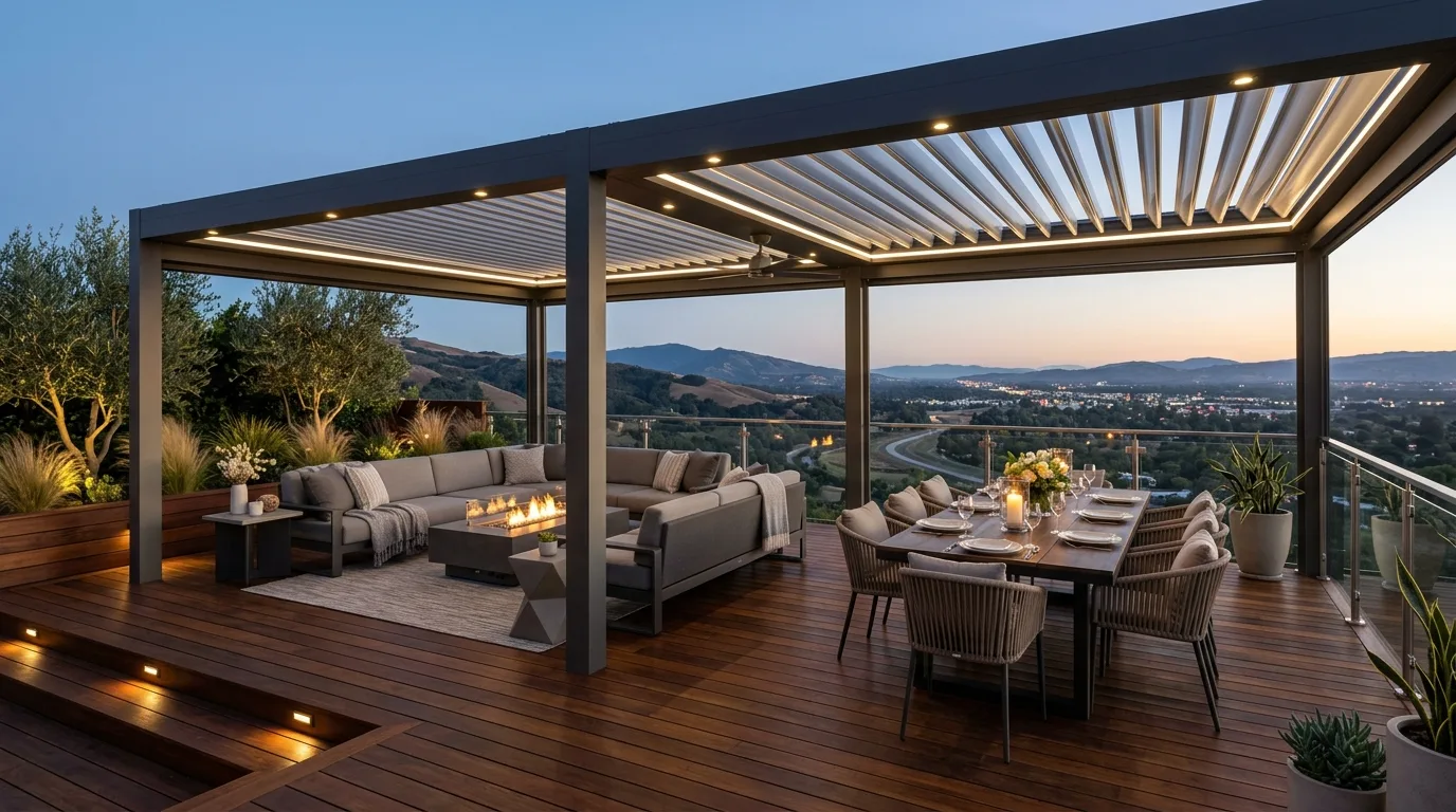 A pergola deck with planter lined posts and greenery around the base, no people