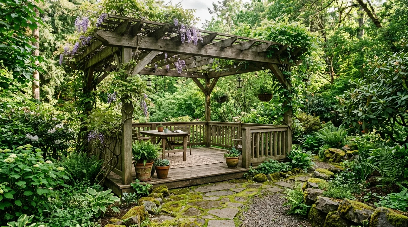 A shaded pergola daybed corner on a backyard deck, no people