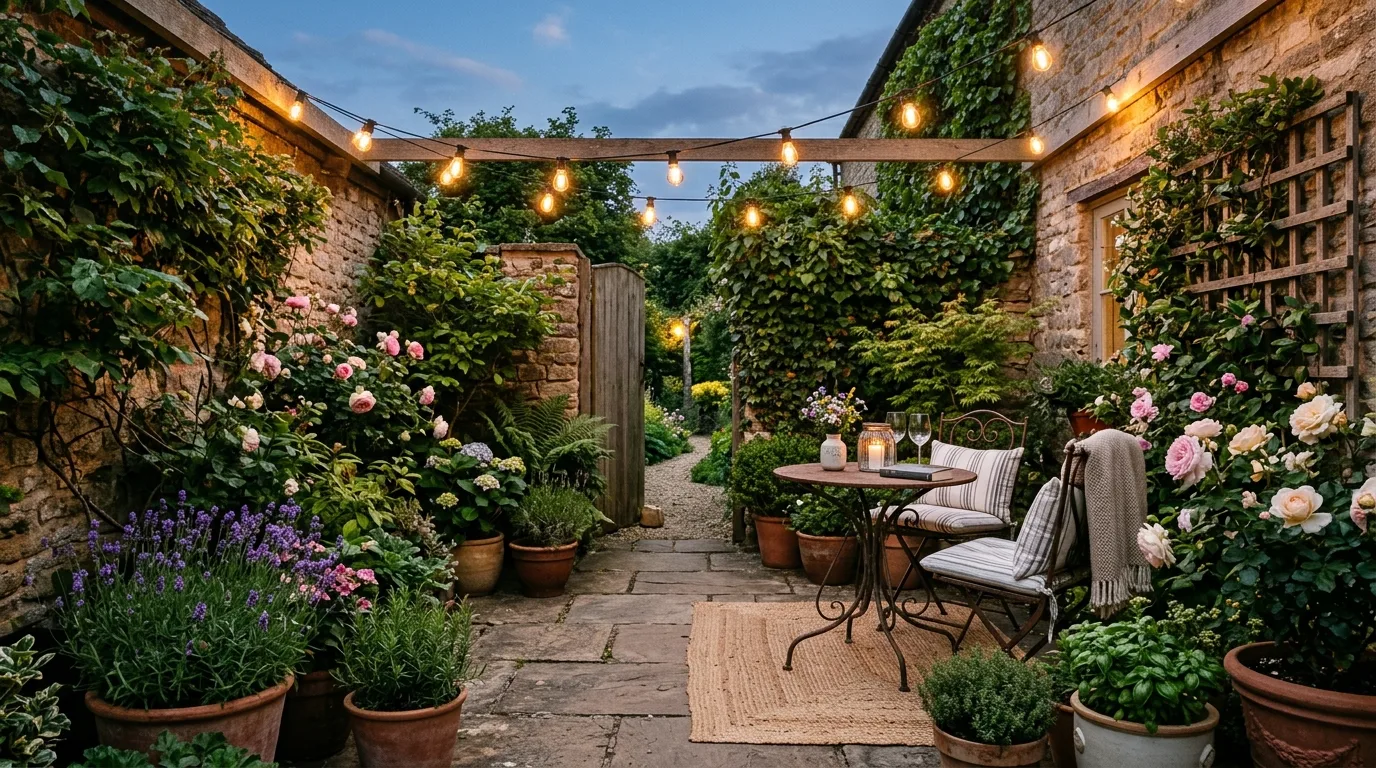 A cozy small patio garden with a bistro set surrounded by potted herbs and flowers, no people