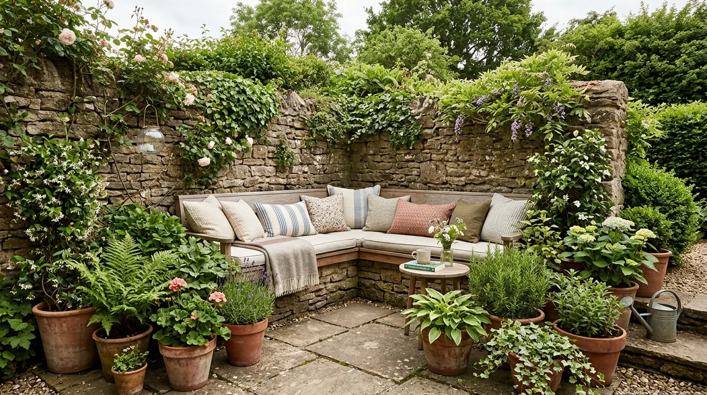 A small patio garden with a corner bench and climbing greenery, no people