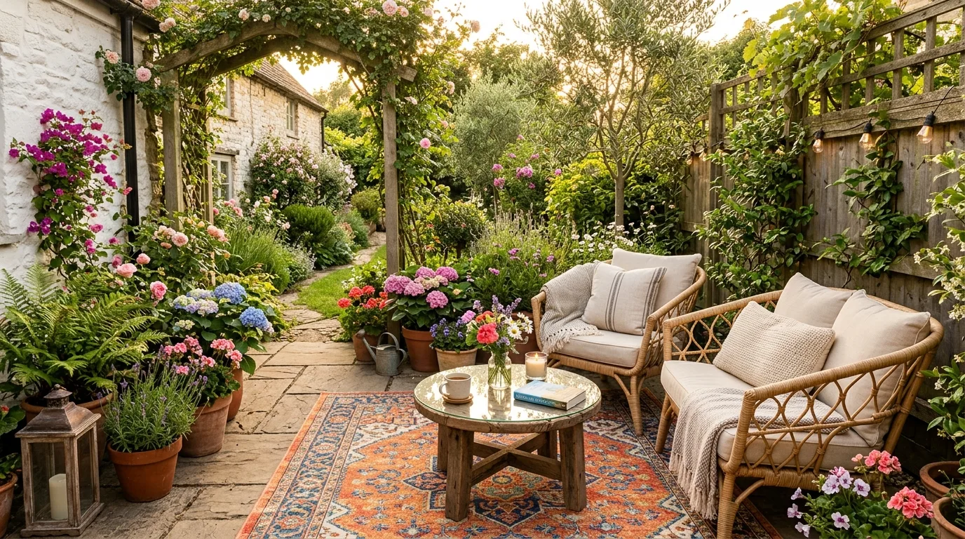 A small patio edged with layered containers creating a lush garden feel, no people
