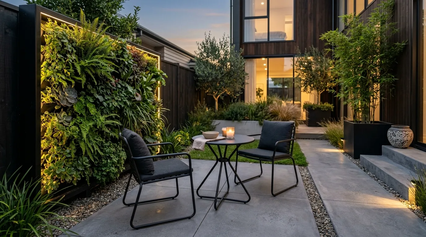 A cozy gravel patio with flowering pots and cottage charm, no people