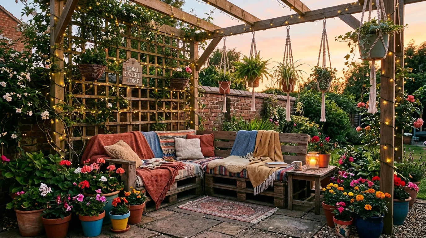A small patio courtyard with a wall fountain and potted plants, no people