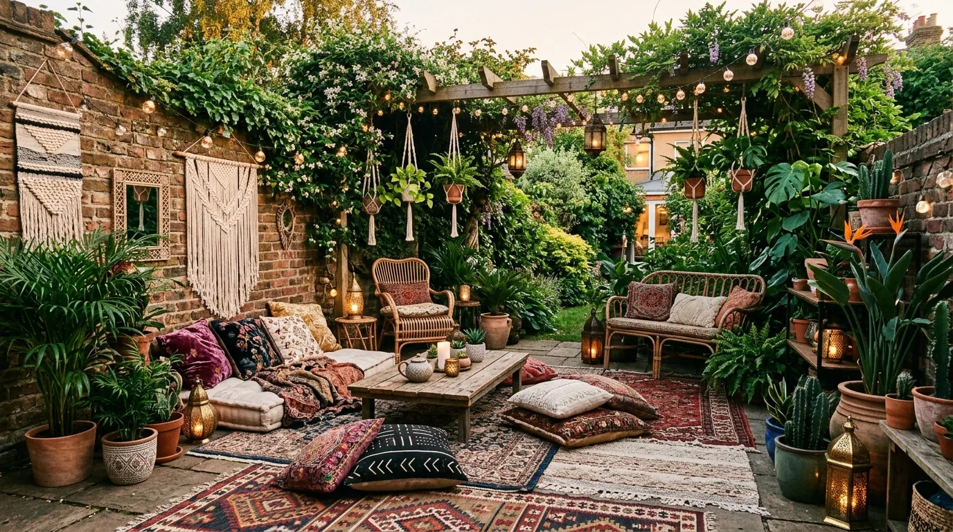 A narrow small patio garden with vertical shelves of blooming plants, no people