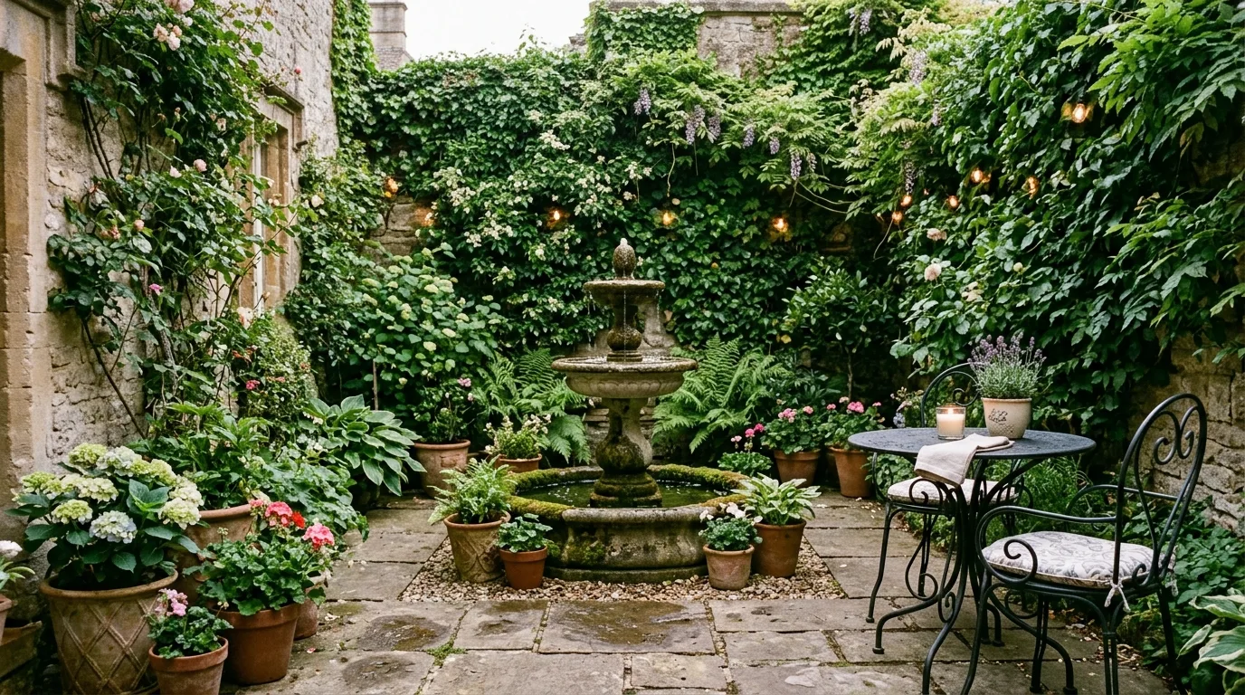 A cozy patio lounge framed by tall privacy planters, no people