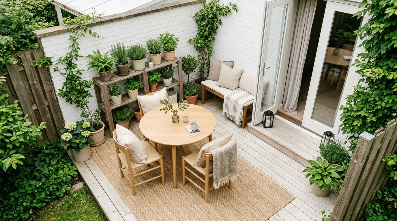 A small patio garden glowing with soft evening lighting, no people