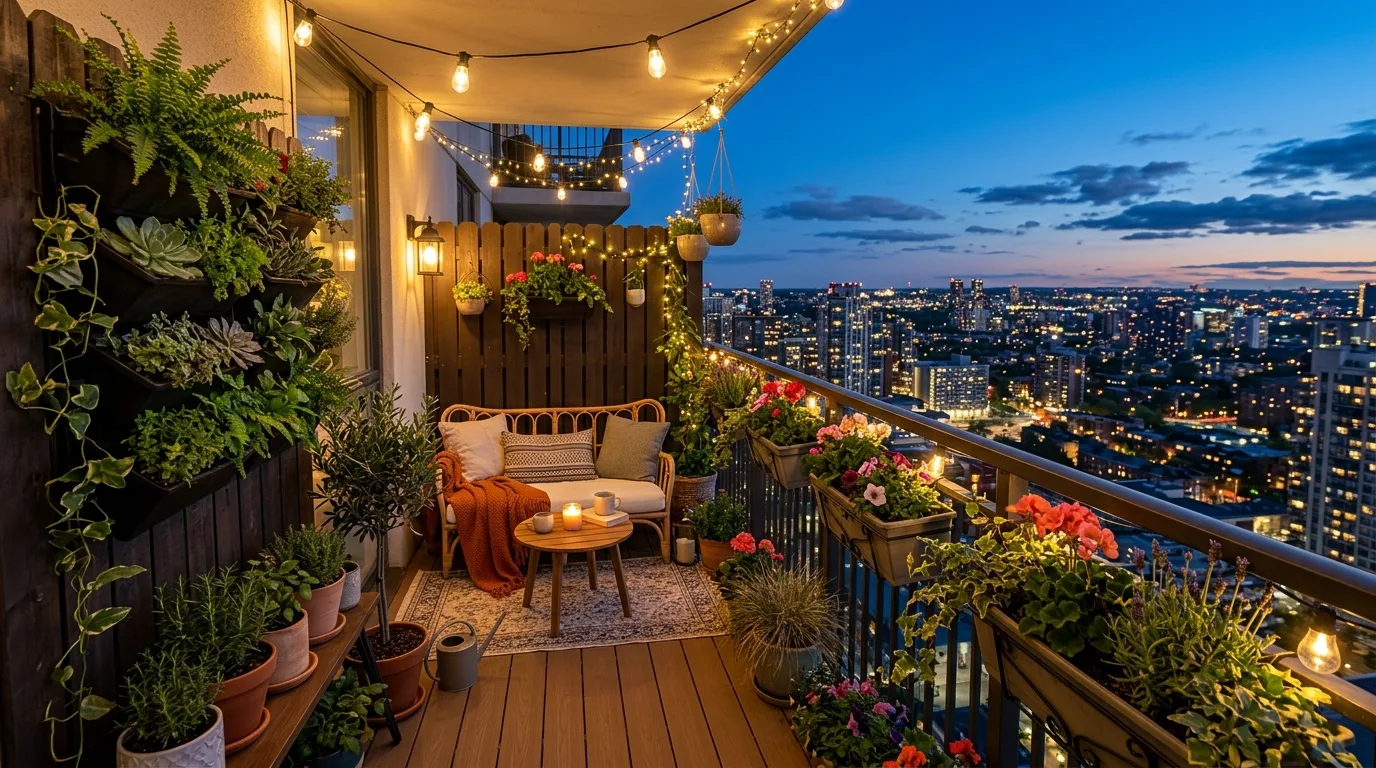 A small tiled patio garden with a coordinated flower color palette, no people