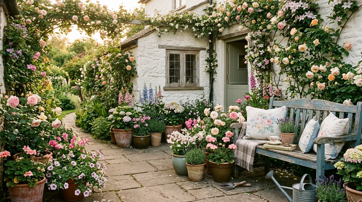 A shaded small patio garden with ferns and cool toned containers, no people