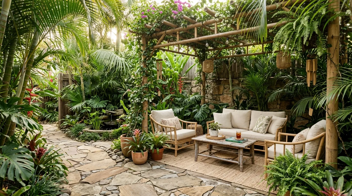 A tiny dining patio softened by a narrow planted border, no people